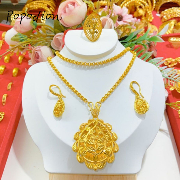 Popodion jewelry for woman New 24K Gold Plated Dubai Necklace Earrings Ring Jewelry Three Piece Set YY10306