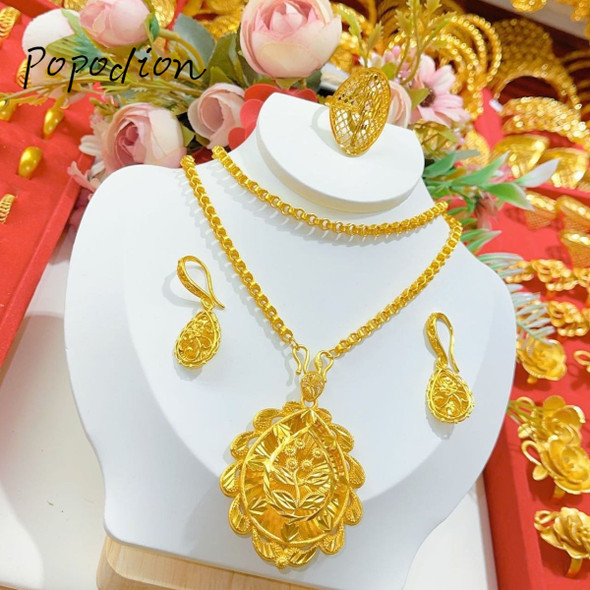 Popodion jewelry for woman New 24K Gold Plated Dubai Necklace Earrings Ring Jewelry Three Piece Set YY10306