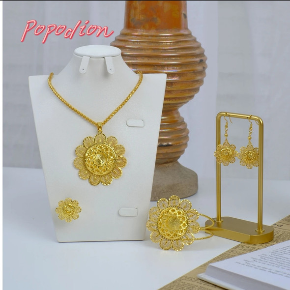 Popodion Dubai 24K Gold Plated Jewelry Flower Necklace Earrings Ring Bracelets Bridal Wedding Party Accessories YY10370