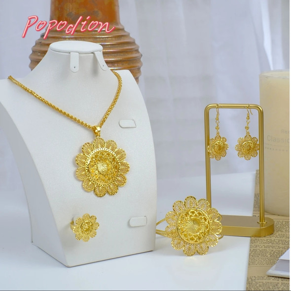 Popodion Dubai 24K Gold Plated Jewelry Flower Necklace Earrings Ring Bracelets Bridal Wedding Party Accessories YY10370