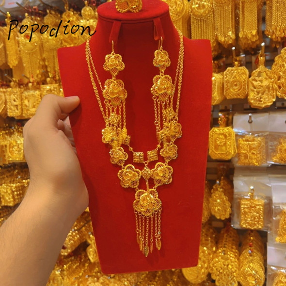 New Dubai 24k Gold Plating Jewelry Wedding Necklace Earrings Women's Ring Wedding Accessories Women's Jewelry Free Shipping