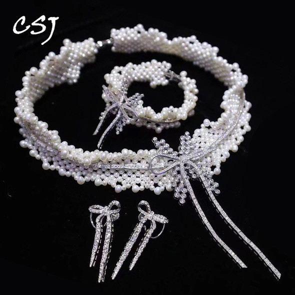 CSJ Luxury Natural Freshwater Pearl Handmade Jewelry Sets Sterling 925 Silver Bowknot White Collar for Women Wedding Party Gift