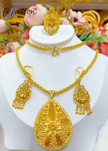 Popodion jewelry for woman New 24K Gold Plated Dubai Necklace Earrings Ring Jewelry Three Piece Set YY10308