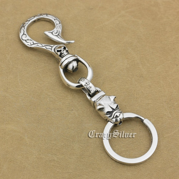 925 Sterling Silver Bulldog Dog Cross KeyRing Mens Biker Punk Hook KeyChain 8B008KC