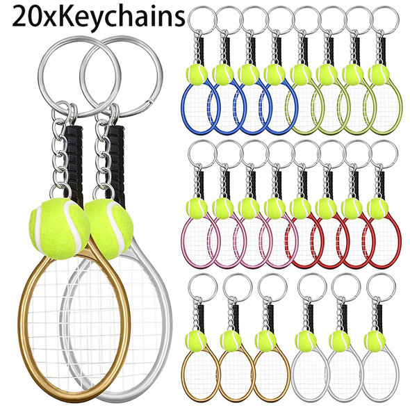20Pcs Tennis Racket Keychains Tennis Key Ring Keychain Alloy Tennis Ball Split Ring Tennis Trinkets for Tennis Sport Lover Team