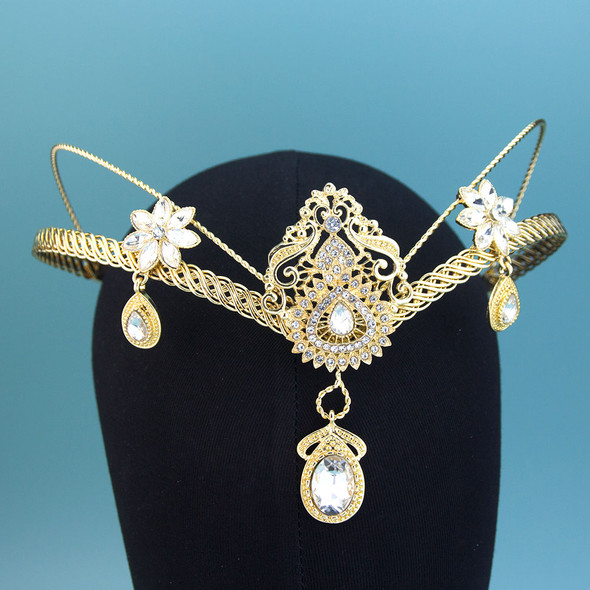 Sunspicems Chic Gold Color Arabic Women Crown Elastic Headband Middle East Bride Wedding Jewelry Hair Band Cosplay Crystal Tiara