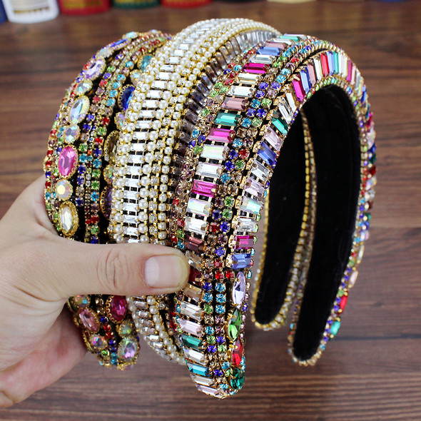 Handmade Colorful Crystal Baroque Tiara Hairbands Diamante Padded Headbands For Women Headdress Birthday Wedding Hair Jewelry