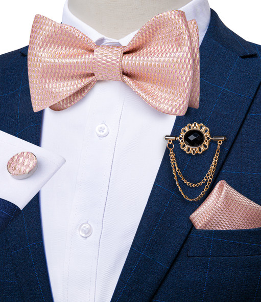 Pink Plaid Solid Men's Self Tie Bow Tie Silk Jacquard Woven Wedding Party Bowtie Hanky Brooch Set Men Butterfly Necktie DiBanGu