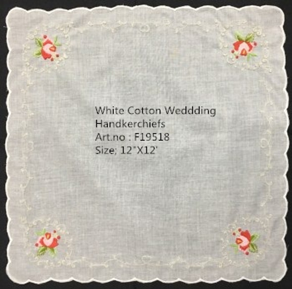 Set of 12 Fashion Wedding Bridal Handkerchiefs White Cotton Hankie with Scallop Edges & Color embroidery Floral Hanky 12x12-inch