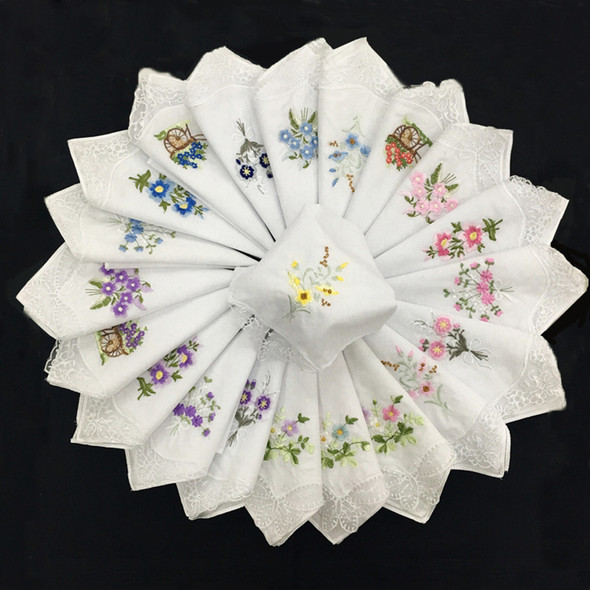 12Pcs Classic Cotton Beautiful Handkerchiefs Women Washable Pocket Embroidered Lace Hankie Towel Lot 28x28cm