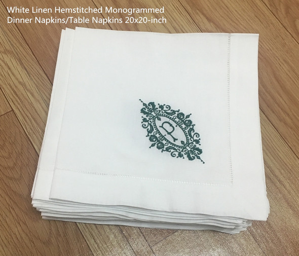Set of 12 Fshion Monogrammed Dinner Napkins White linen Hemstitch Table Napkins 20"x20"Ladder Embroidered Initial P Tea Napkins