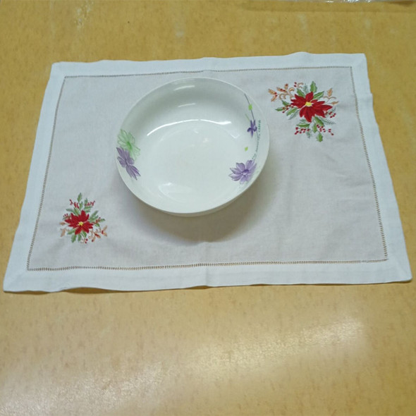 Set of 12 Handkerchiefs Towels / Dinner Napkins/ Table Cloth Hemstitched Placemats with Color Embroidered Floral