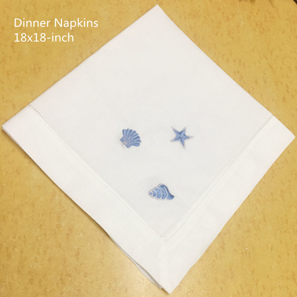 Set of 12 Handkerchiefs Dinner Napkins/Placemats White Hemstitched Linen Table Napkins Embroidered Blue Neptune/Conch/shell