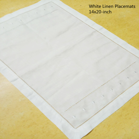 Set of 12 White Linen hemstitched Table Cloths Placemats Embroidered Dots Dinner Napkins For Special Occasions