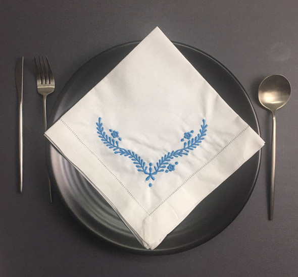 Set of 12 Fashion Ninner Napkins white Hemstitched linen Table Napkin with Blue Color Embroidered Floral 18x18-inch