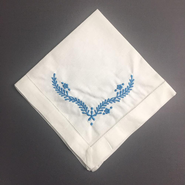 Set of 12 Fashion Ninner Napkins white Hemstitched linen Table Napkin with Blue Color Embroidered Floral 18x18-inch