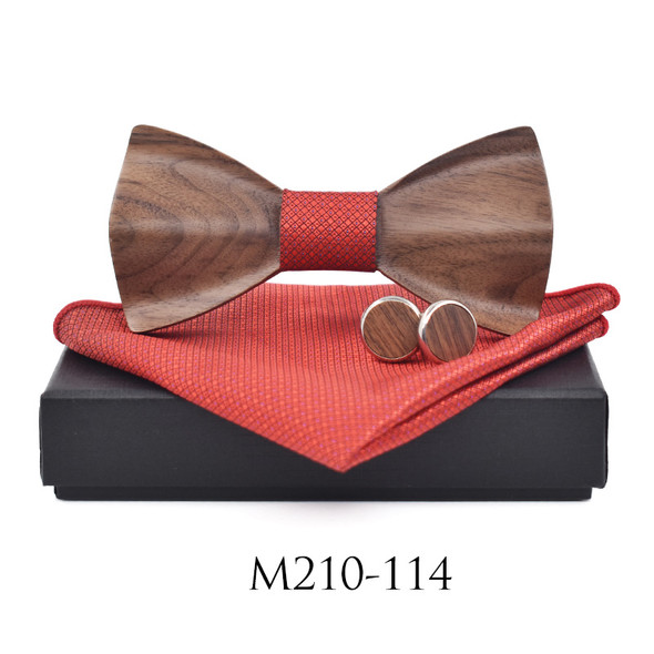 Wood Bow Tie Set Cravat Wooden Box Cufflinks Bowtie Plaid Handkerchief Pocket Square Men Wedding Suit Shirt