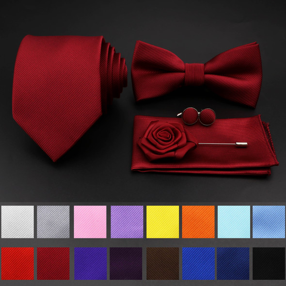 Hot Sale Red Blue Tie Set Polyester Slim Striped Necktie Bowtie Cufflink Brooch For Groom Suit Wedding Cravat Shirt Accessory