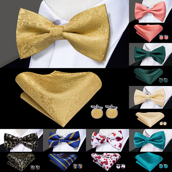 Hi-Tie 60 Color Classic Bow Ties for Men Silk Butterfly Pre-Tied Male Bowtie Pocket Square Cufflinks Set Jacquard Paisley Floral