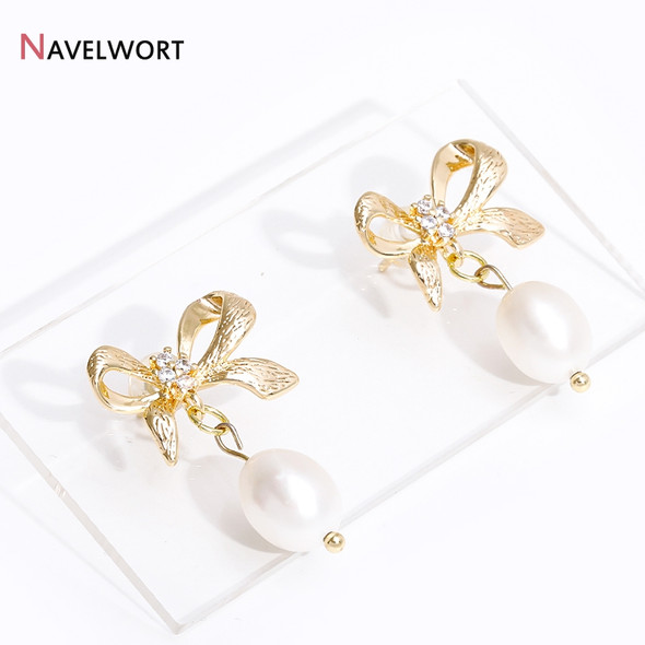 14K Gold Plated Brass Bow Knot Post Earring With Pearl Peg Bail,Inlaid Zircon Stud Earring Findings,Earring Making Accessories