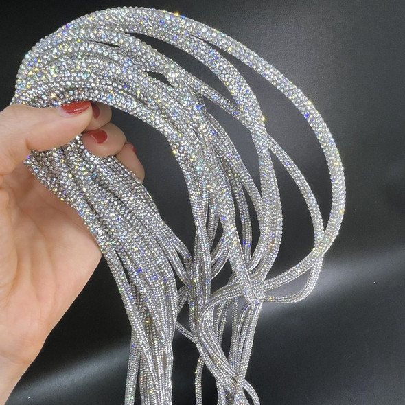 2 yards Shiny Clear Glass Crystal Round Tube Rhinestones Trim Cord String Drawstring DIY Shoelaces Bag Strap Material Accessorie