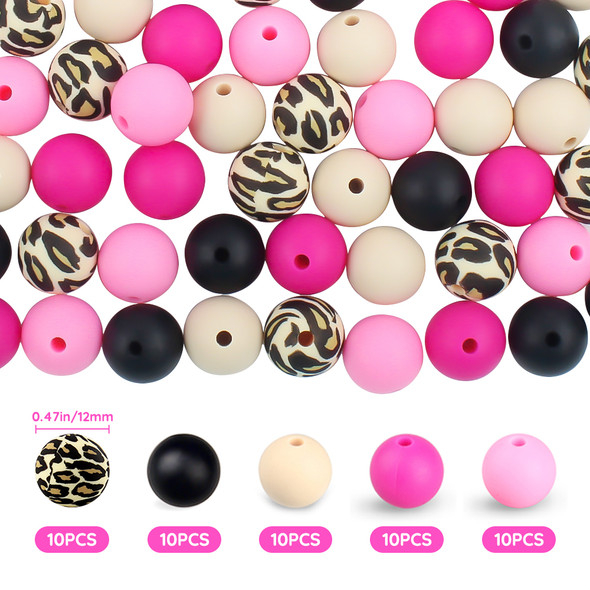 50Pcs/Set Silicone Beads 12mm Printed Round Focal Beads Set DIY Necklaces Pacifier Chain Keychain Accessories For Jewelry Making