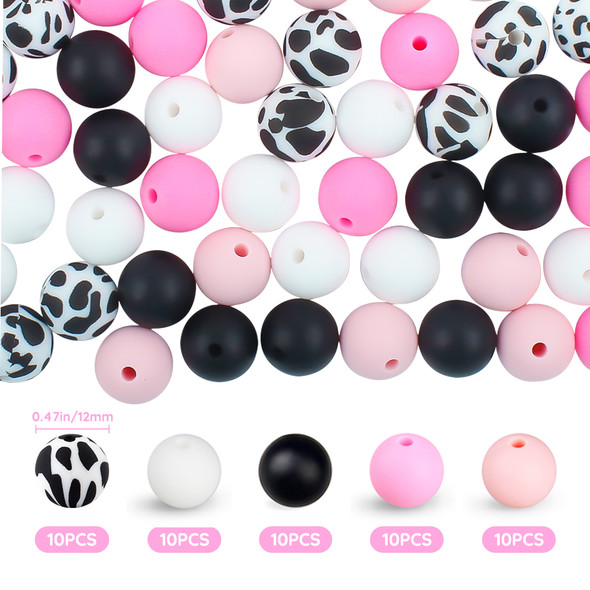 50Pcs/Set Silicone Beads 12mm Printed Round Focal Beads Set DIY Necklaces Pacifier Chain Keychain Accessories For Jewelry Making