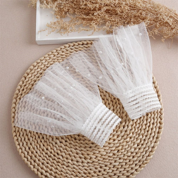 1Pair Detachable Cuffs Pearl Lace Mesh Fake Flared Sleeves Double Layer Pleated Ruched False Cuffs Sweater Blouse Wrist Warmers