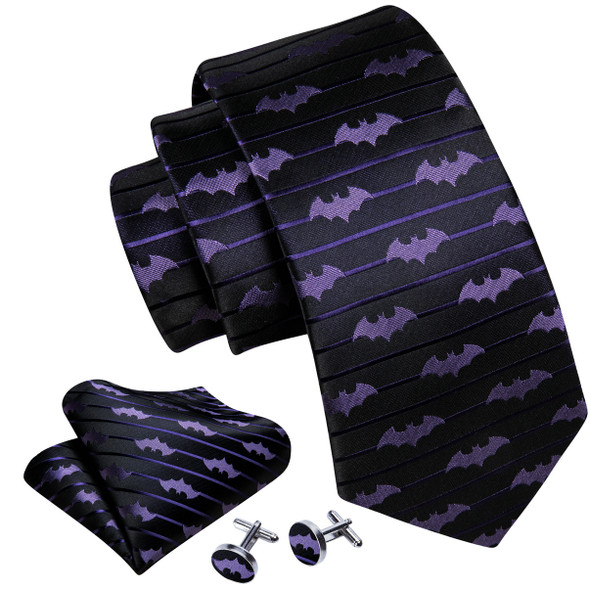 Barry.Wang Purple Silk Bat Tie For Men Novelty Animal Black Stripe Ncektie Pocket Square Cufflinks Set Wedding Party FA-6210