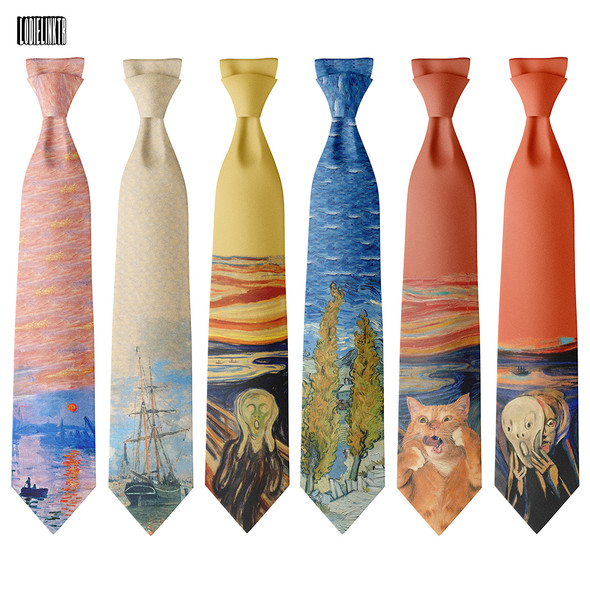 Fashion 8cm Wide Polyester Ties Oil Painting The Scream Sailboat Cat Funny Necktie Leisure Party Wedding Shirt Suits Accessories