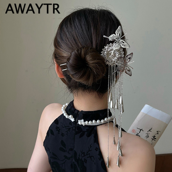 AWAYTR Fashion Metal Hanfu Hair Sticks for Women Tassel Hair Clip Pins Minimalist U Shape Girls Hairpins Hair Bun Headwear
