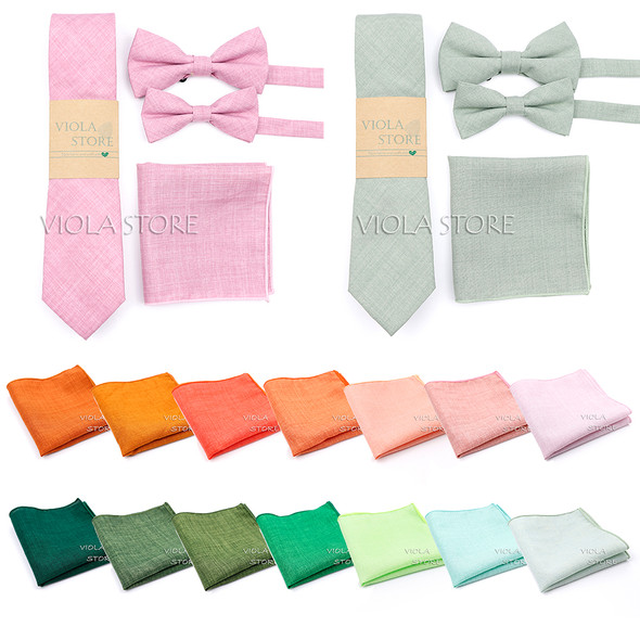 Hot Colorful Solid Cotton 4 PCS Set 6.5cm Tie Pocket Square Bowtie Fashion Sage Pink Men Wedding Party Cravat Gift Accessory Top