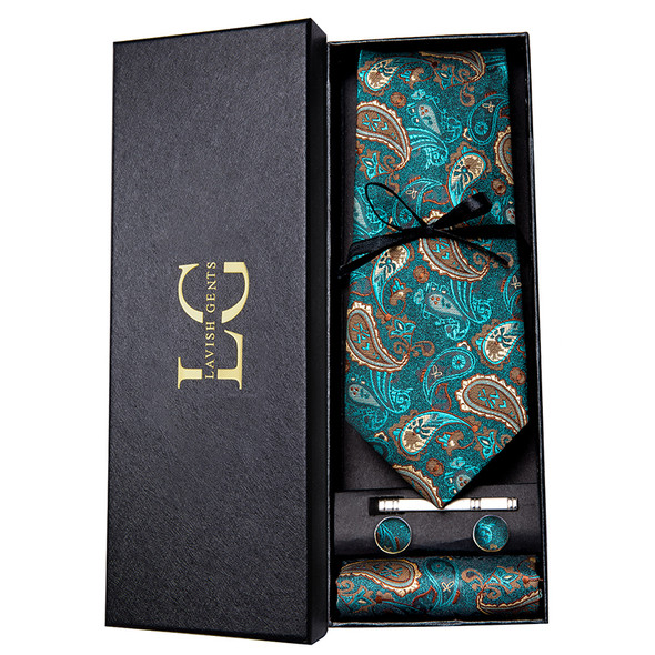 Hi-Tie Luxury Gift Box Classic Paisley Teal Green NeckTie Gentle Men's Tie Handky Cufflinks Set Tie For Men Wedding High Quality