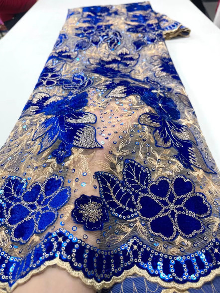 African Velvet Lace Sequins Fabric Royal Blue High Quality Nigerian Lace Embroidered Fabric For Women Wedding Party Sewing PL129