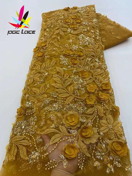 PGC 5 Yards Luxury African Heavy Beaded Lace Tulle Fabric 2023 French 3D Flower Embroidered Applique Fabric For Sewing Material