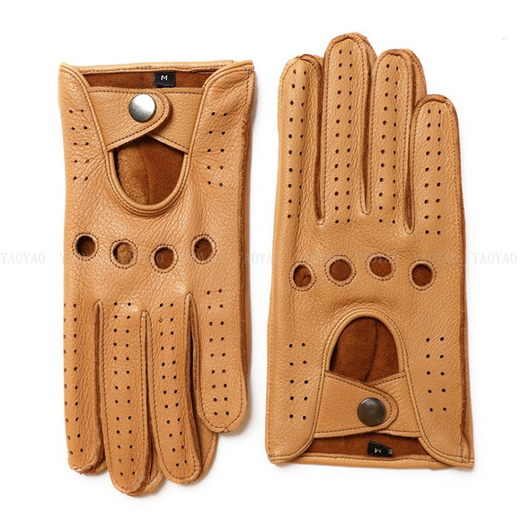 Deerskin Gloves Men Fashion 100 percent Genuine Leather Soft Mittens Male Black/Yellow Punch Holes Driving Luva Guantes Ciclismo