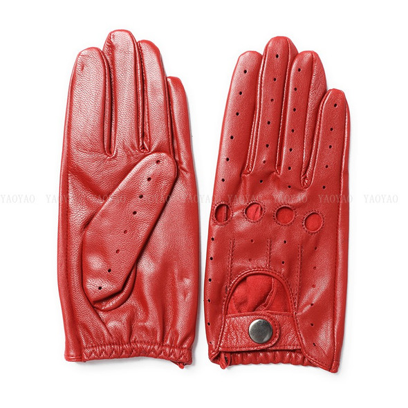 Pure Leather Glove For Men Male Top Quality Holes Locomotive Thin Mittens Elastic Wrist Red/Black/Dark Brown Driving Luva