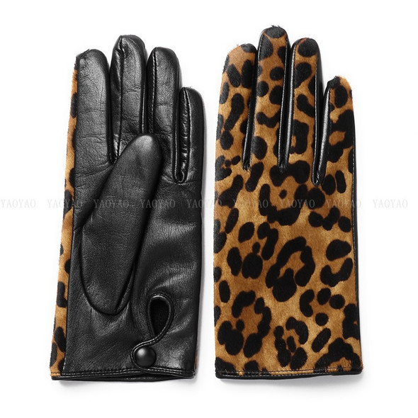 YY5388 Novelty Women Leopard Print Genuine Leather Gloves Ladies Short Winter Wool Lined Thick Luvas Botton Warm Guantes Mujer