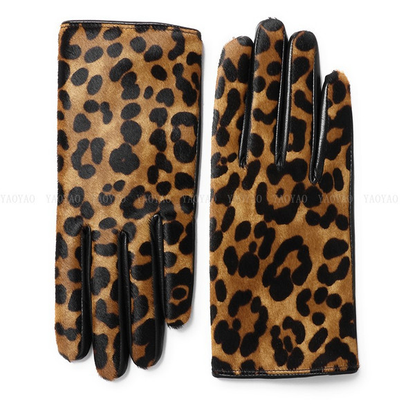 YY5388 Novelty Women Leopard Print Genuine Leather Gloves Ladies Short Winter Wool Lined Thick Luvas Botton Warm Guantes Mujer