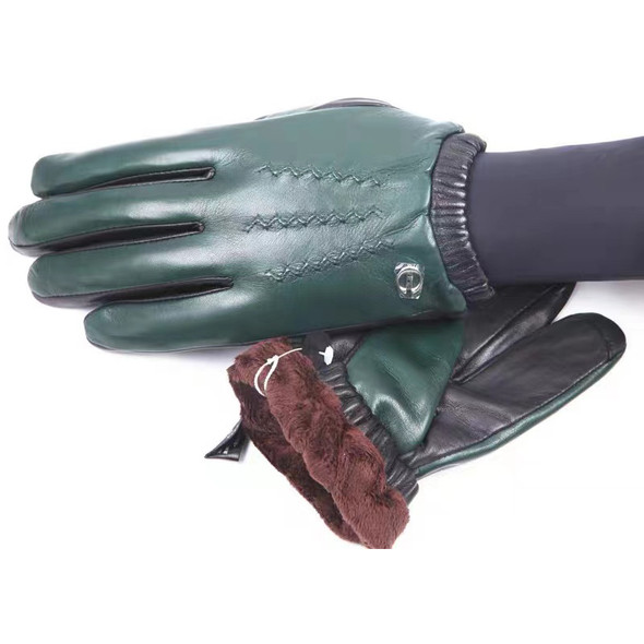 Vintage Green Lambskin Gloves For Men Winter 100% Leather Thick Lining Warm Mittens Male Touch Screen Riding Wrist Closure Luvas