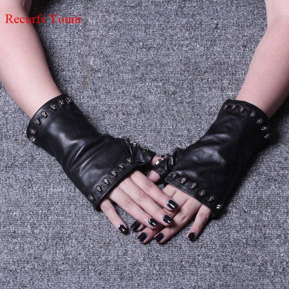 2021Spring Women Genuine Leather Skull Bone Fingerless Thin Gloves Femme Black Cool Driving Club Luvas Hip Pop Rock Guants