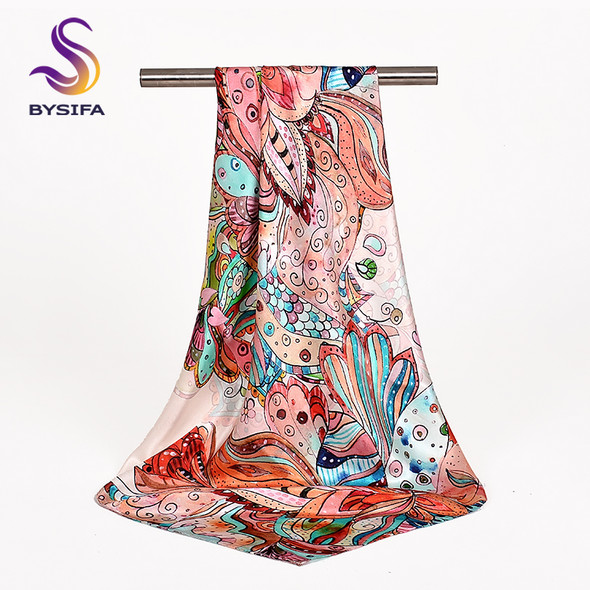 [BYSIFA] New Brand Female Pink 100% Silk Scarf Fashion Luxury Floral Pattern Women Square Scarves Spring Autumn Head Neck Scarf