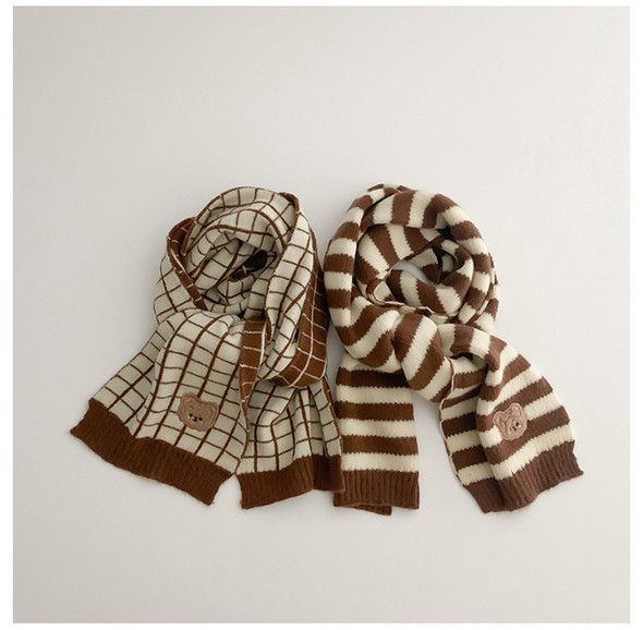 deer jonmi Korean Style New Winter Children Knitted Scarves Cartoon Embroidery Striped Plaid Toddlers Kids Warm Shawl