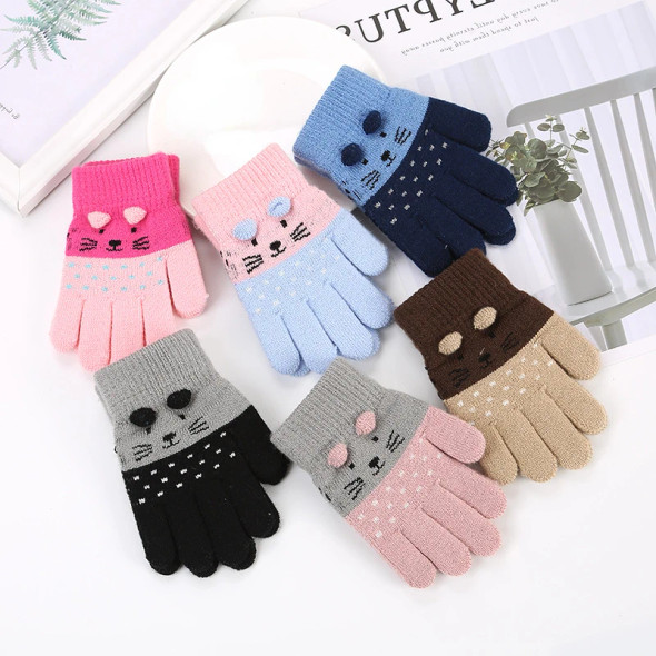 3-7 Years Cat Baby Mittens Knitted Children Boys Girls Winter Cute Cartoon Animal Kids Gloves Warm Gloves Kids Winter Gloves