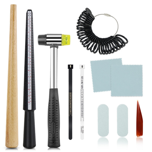 11Pcs Ring Mandrel Sizer Stick Finger Guage Hammer Equipment Jewelry Measuring Tools Kit