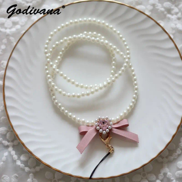 Japanese Handmade Mobile Phone Charm Neck Hanging Chain Pearl Gem Necklace Lolita Bow Pearl Chain Cute Girl Id Card Lanyard