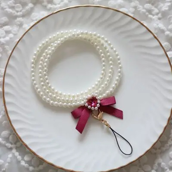 Japanese Handmade Mobile Phone Charm Neck Hanging Chain Pearl Gem Necklace Lolita Bow Pearl Chain Cute Girl Id Card Lanyard