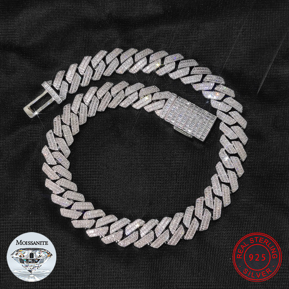 20mm 2 Rows Rectangle Diamonds 100% 925 Silver Cuban Pass Diamond Tester Necklace VVS Moissanite Cuban Link Jewelry