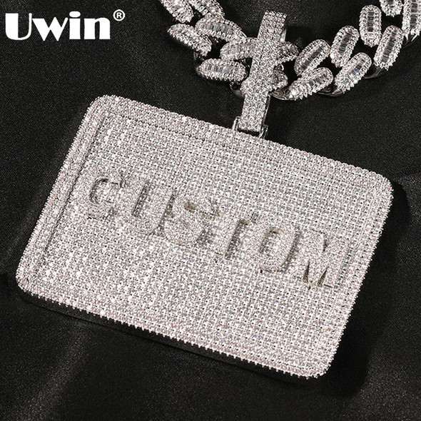 UWIN Custom Nameplate Necklaces Full Iced Out Round Cubic Zircon Rectangle Name Personalized Fashion Hip Hop Jewelry for Gift