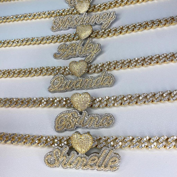 Uwin Csutom Cursive Letter With Heart Clasp 9mm Iced Out Cuban Chain Name Necklace Chain Cubic Zirconia Fashion Hiphop Jewelry